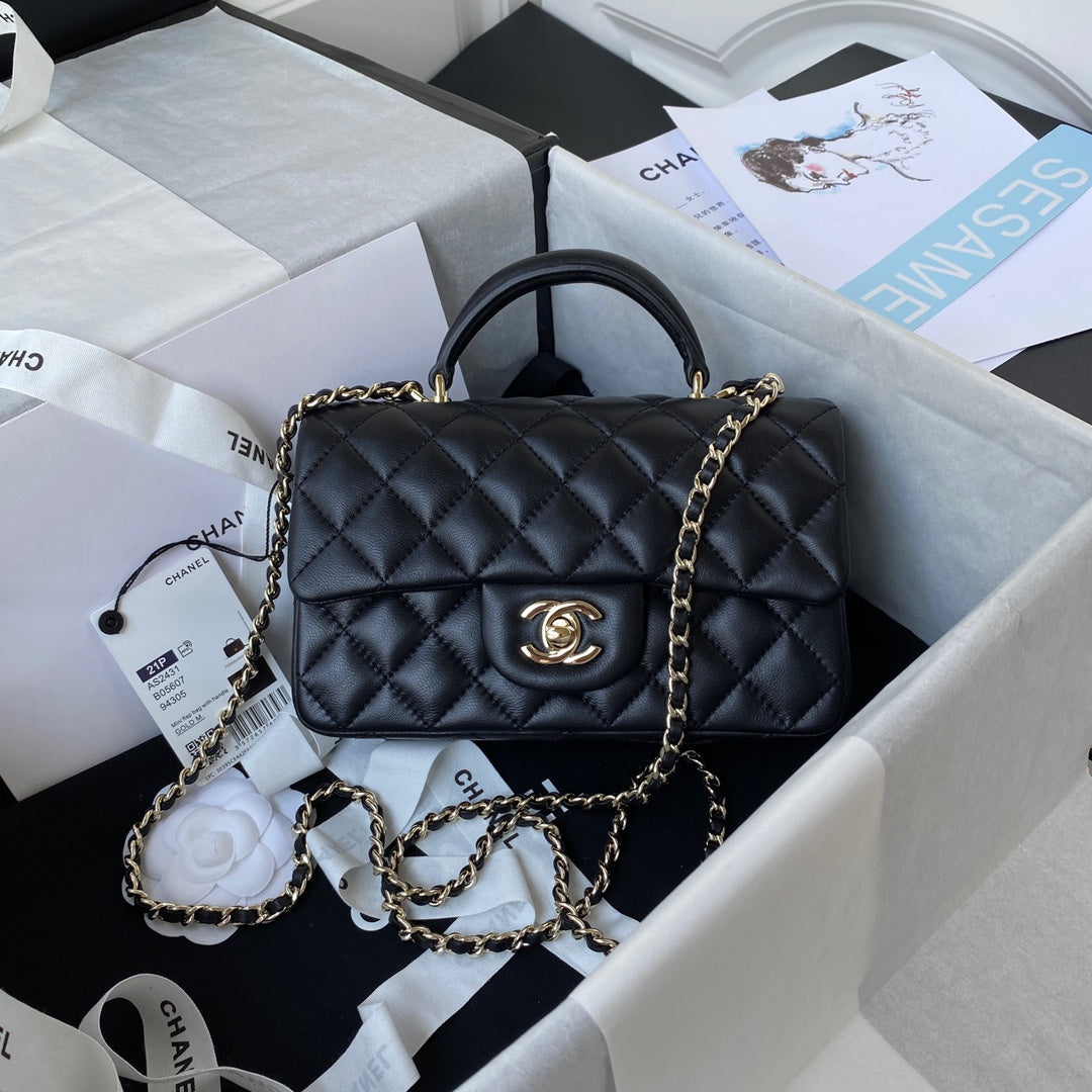CHANEL 25S MINI FLAP BAG WITH TOP HANDLE 20 IN BLACK CALFSKIN GOLD HARDWARE