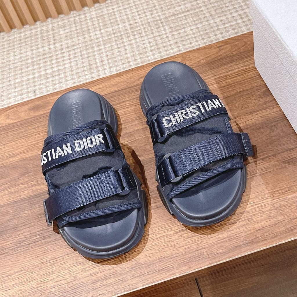 DIOR PLATFORM SLIDES 25S 30 MM IN MIDNIGHT BLUE FABRIC AND CALFSKIN