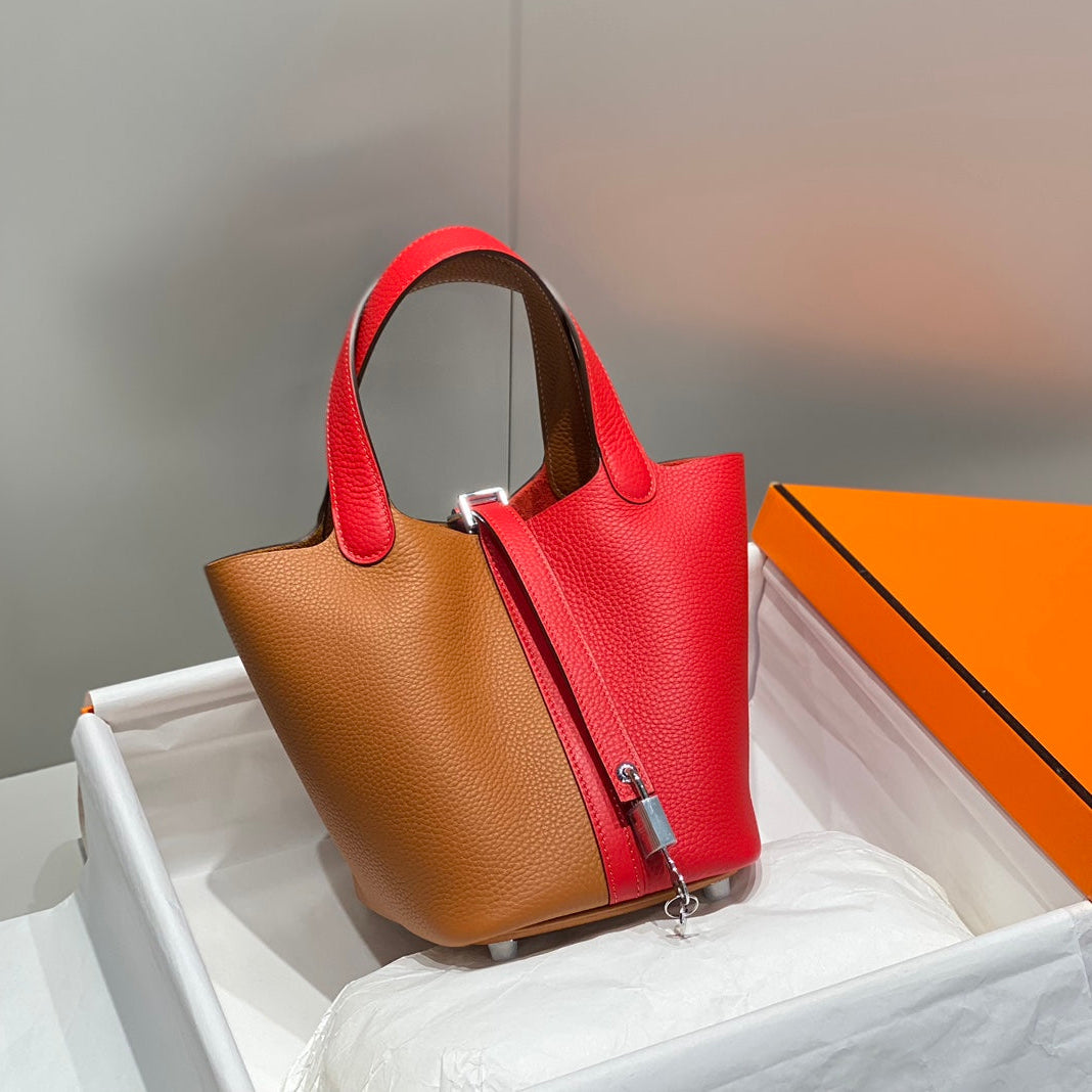 HERMES 25S PICOTIN LOCK 18 IN GOLDEN BROWN AND RED CALFSKIN SILVER HARDWARE