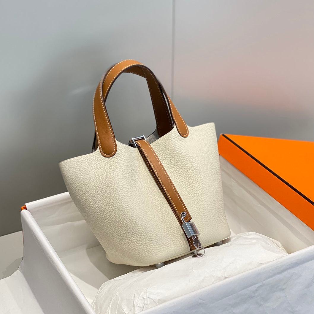 HERMES 25S PICOTIN LOCK 18 IN BURNT ORANGE AND IVORY CALFSKIN SILVER HARDWARE