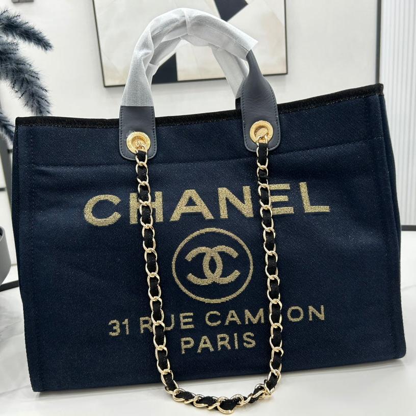 CHANEL DEAUVILLE LARGE 38 TOTE BAG IN BLACK CANVAS WITH GOLD EMBROIDERED LOGO