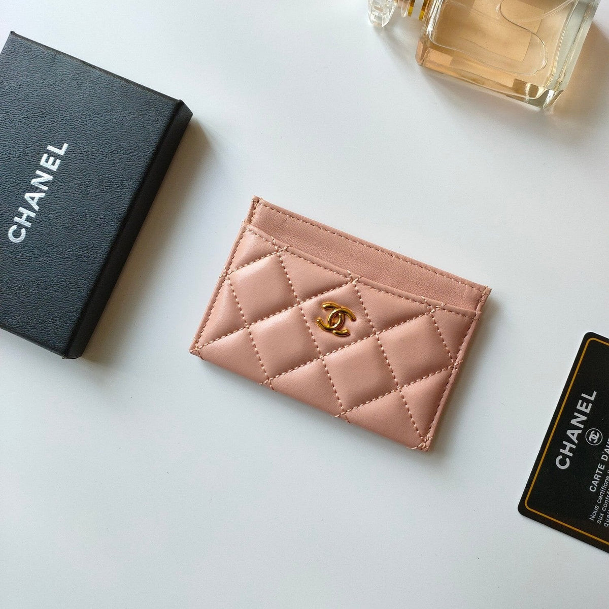 CHANEL CARD HOLDER 11.2 PALE PINK CALFSKIN GOLD ICON
