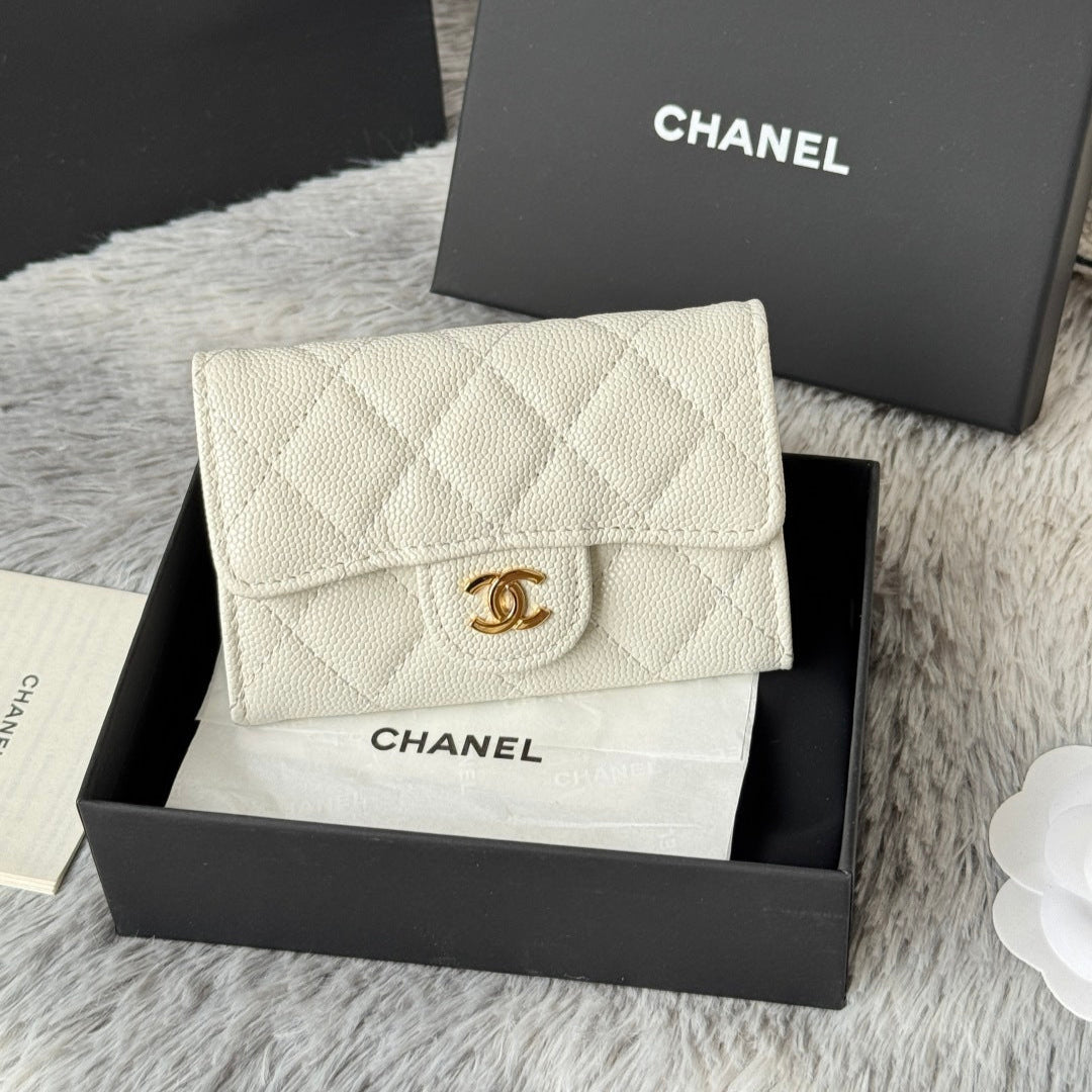 CHANEL 25S CLASSIC FLAP CARD HOLDER 11 IN IVORY CAVIAR GOLD HARDWARE