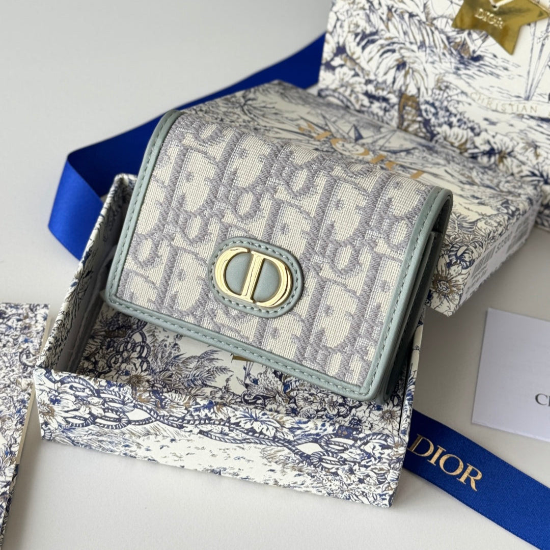 DIOR 25S CARO CARD HOLDER 11 IN GRAY CALFSKIN AND CANVAS GOLD HARDWARE