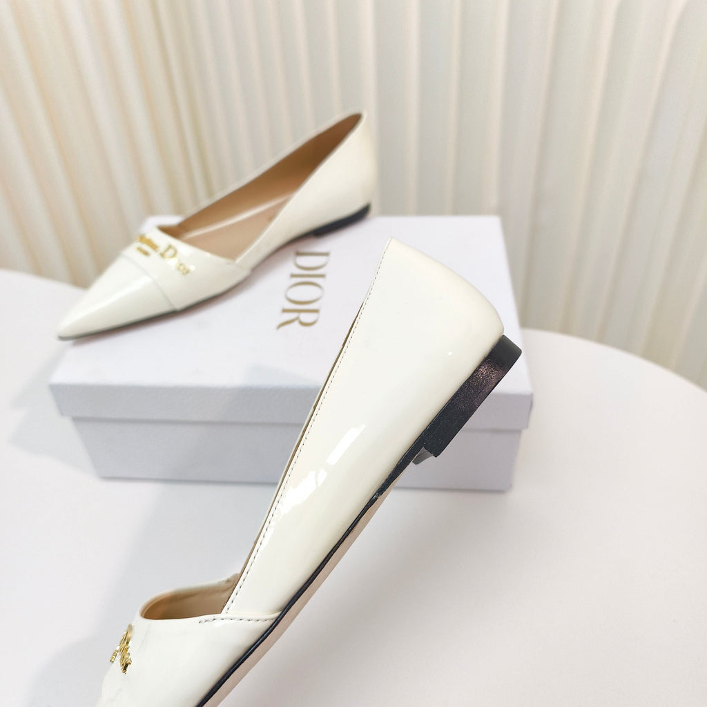 DIOR POINTED BALLET FLATS 25S IN CREAM WHITE GLOSSY LEATHER WITH GOLD HARDWARE