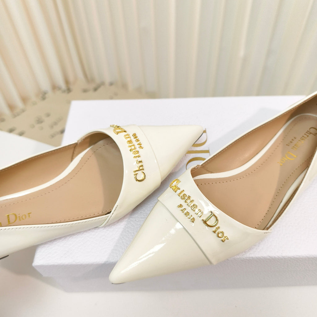 DIOR POINTED BALLET FLATS 25S IN CREAM WHITE GLOSSY LEATHER WITH GOLD HARDWARE