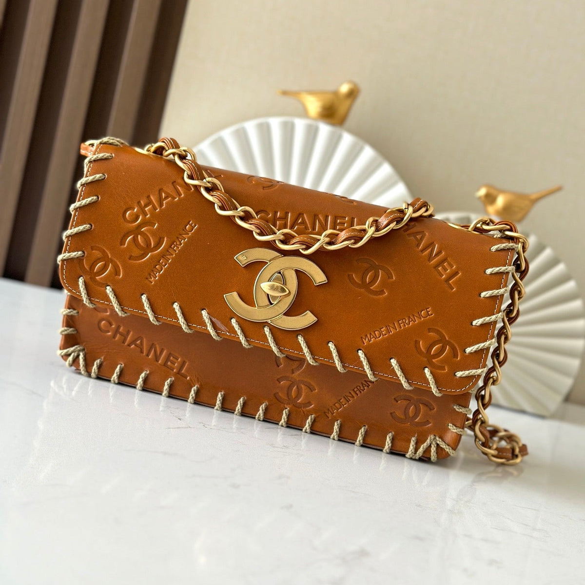 CHANEL 25S FLAP BAG 34 IN BROWN CALFSKIN WITH GOLD HARDWARE