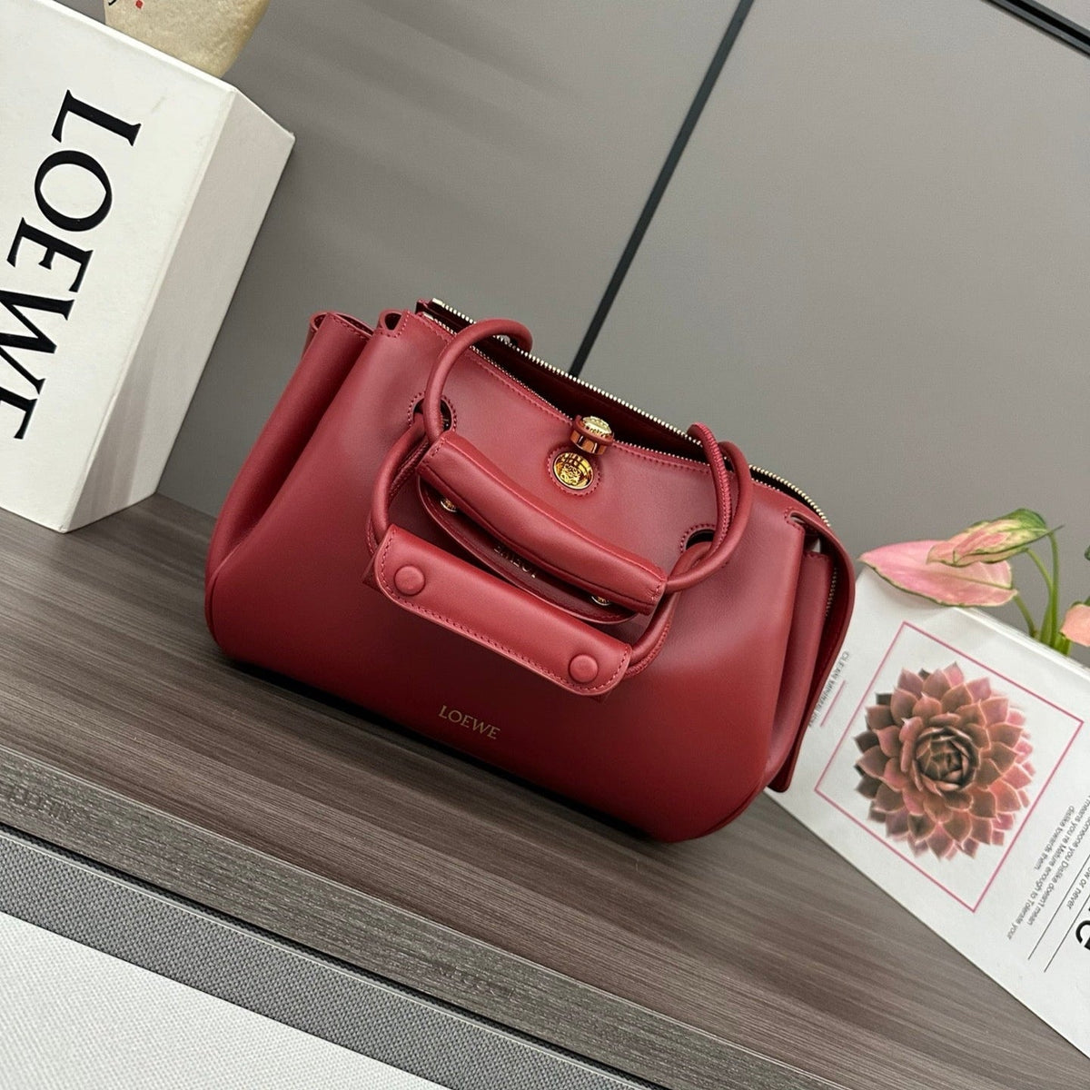 LOEWE 25S MEDIUM MADRID BAG 23 IN CHERRY RED CALFSKIN GOLD HARDWARE