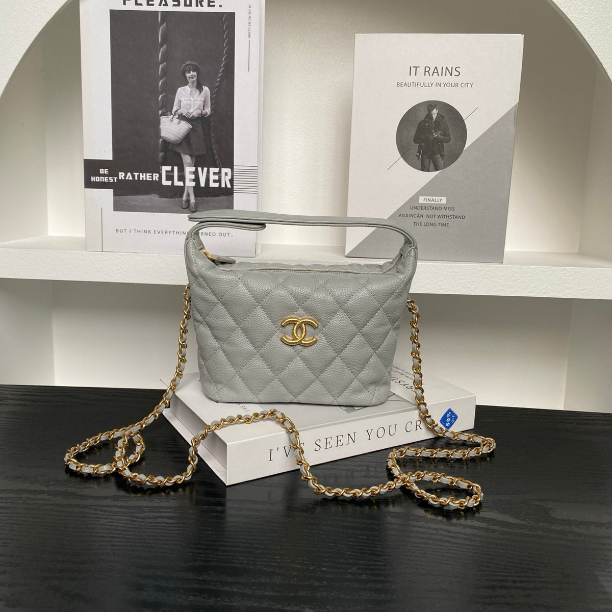 CHANEL 25S HOBO BAG 22 IN GREY CAVIAR LEATHER