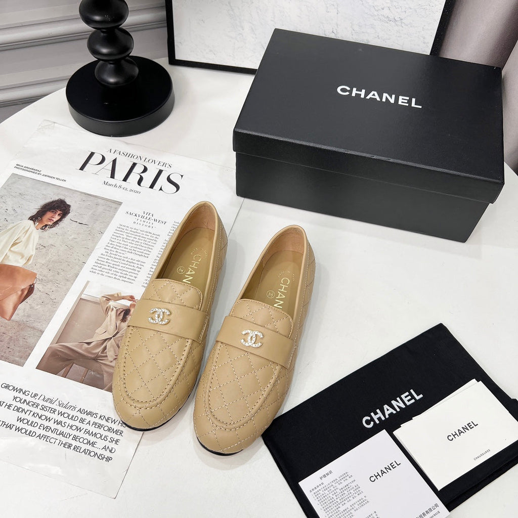 CHANEL 25S LOAFER DANCE SHOES IN BEIGE CALFSKIN GOLD HARDWARE