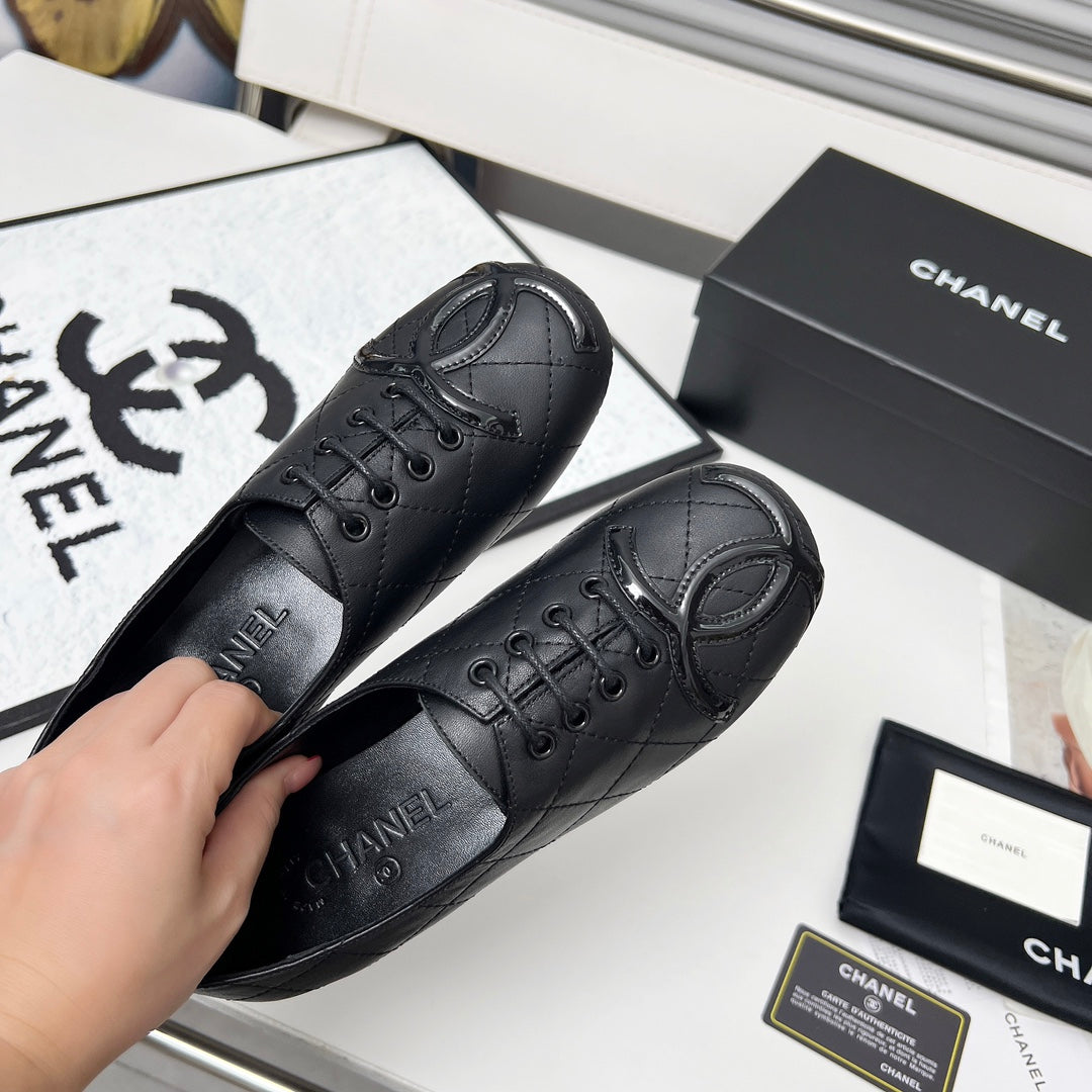 CHANEL 25S DANCE SHOES WITH PRINTED LOGO IN BLACK FULL CALFSKIN