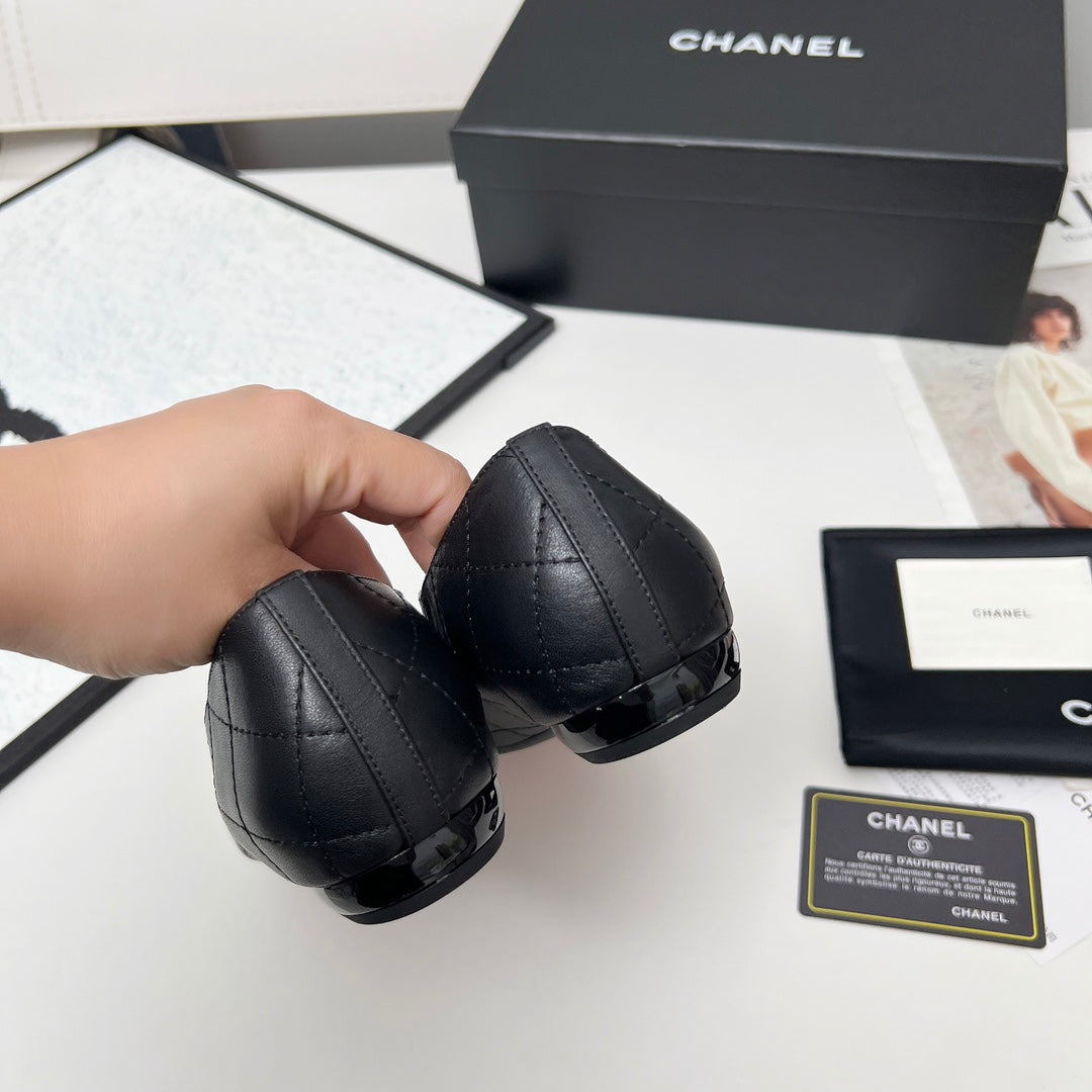 CHANEL 25S DANCE SHOES WITH PRINTED LOGO IN BLACK FULL CALFSKIN