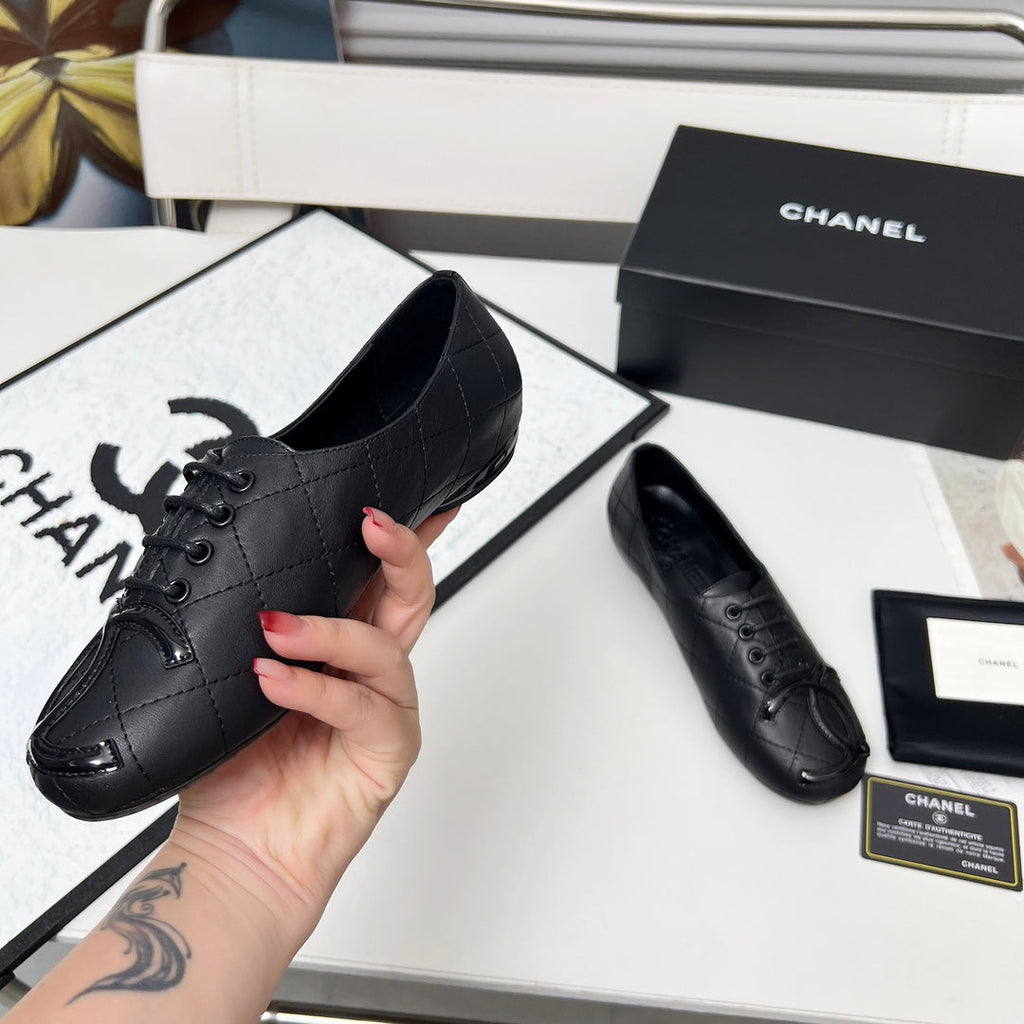 CHANEL 25S DANCE SHOES WITH PRINTED LOGO IN BLACK FULL CALFSKIN