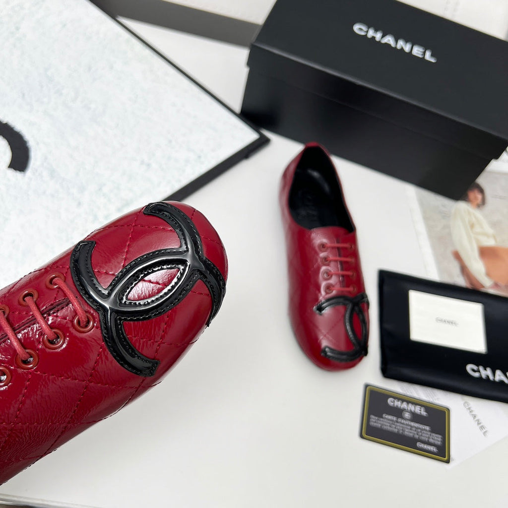 CHANEL 25S DANCE SHOES WITH PRINTED LOGO IN BURGUNDY CALFSKIN
