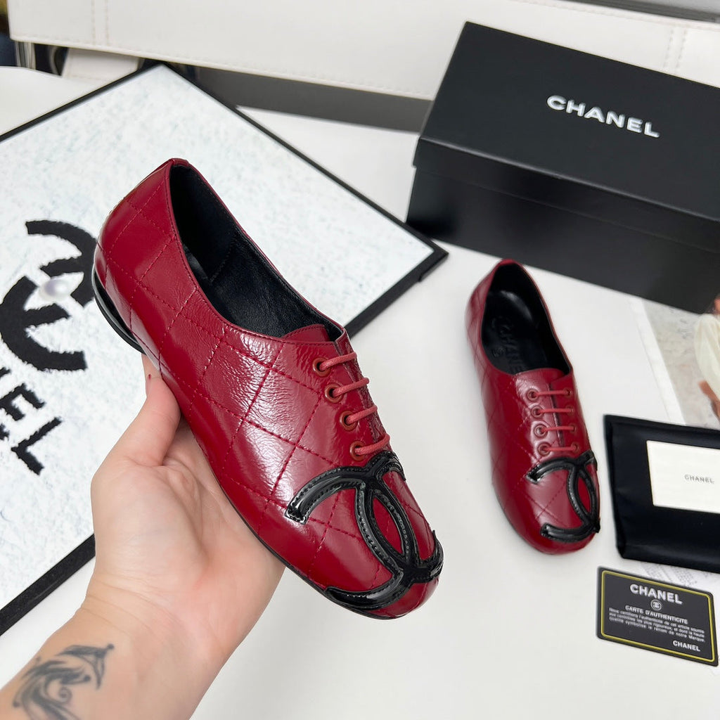 CHANEL 25S DANCE SHOES WITH PRINTED LOGO IN BURGUNDY CALFSKIN