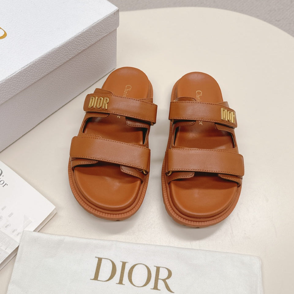 DIOR CLASSIC DOUBLE-STRAP SLIDES 25S IN BROWN CALFSKIN