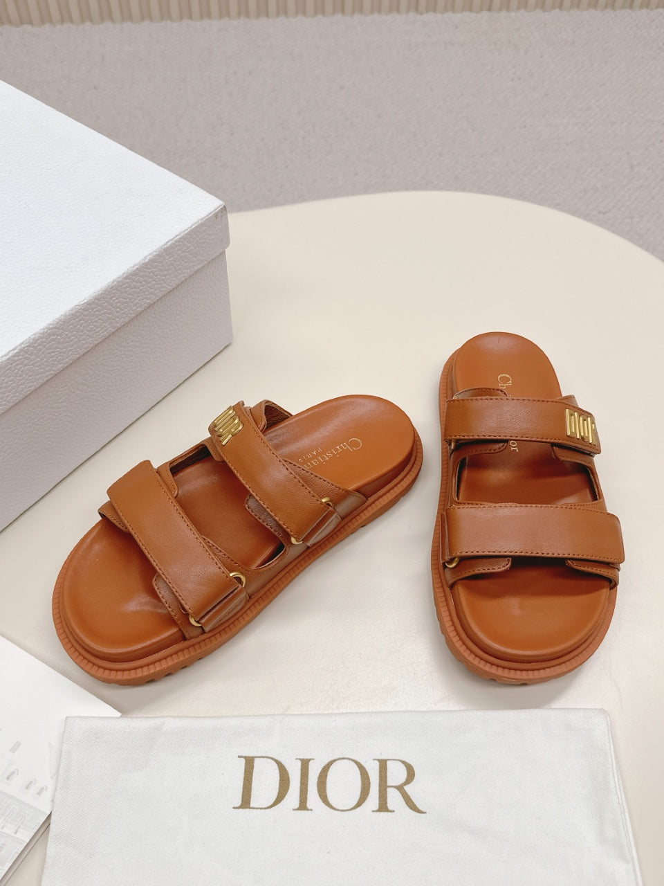 DIOR CLASSIC DOUBLE-STRAP SLIDES 25S IN BROWN CALFSKIN