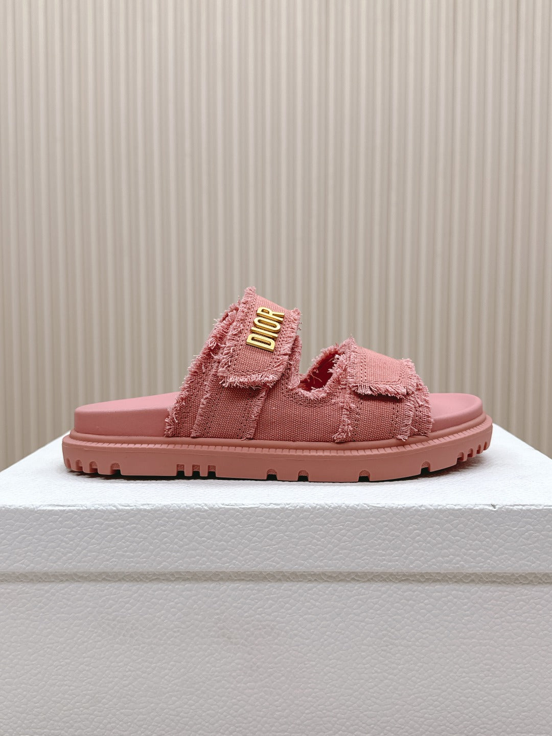 DIOR CLASSIC DOUBLE-STRAP SLIDES 25S IN PEACHY PINK DENIM AND CALFSKIN