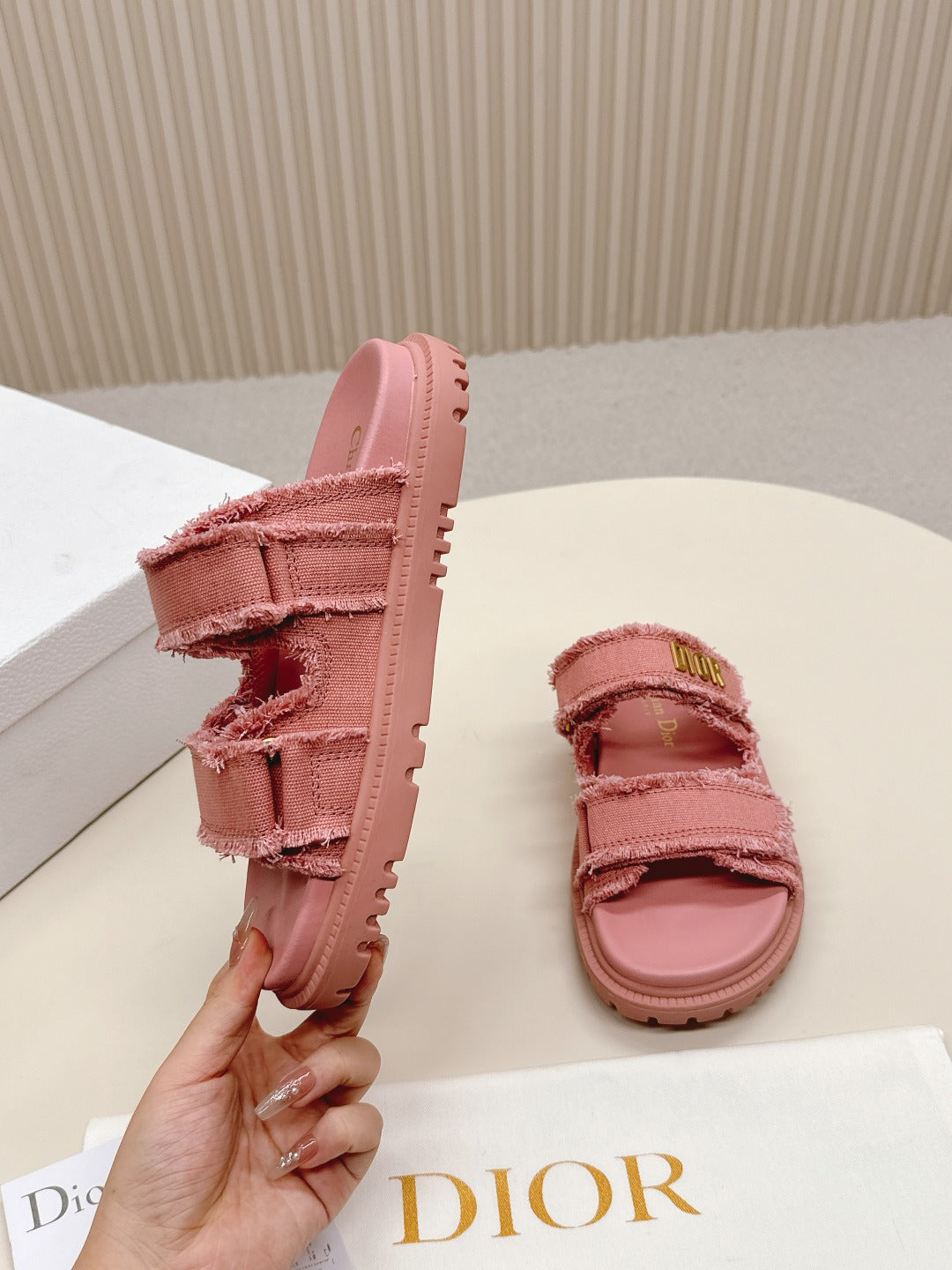 DIOR CLASSIC DOUBLE-STRAP SLIDES 25S IN PEACHY PINK DENIM AND CALFSKIN